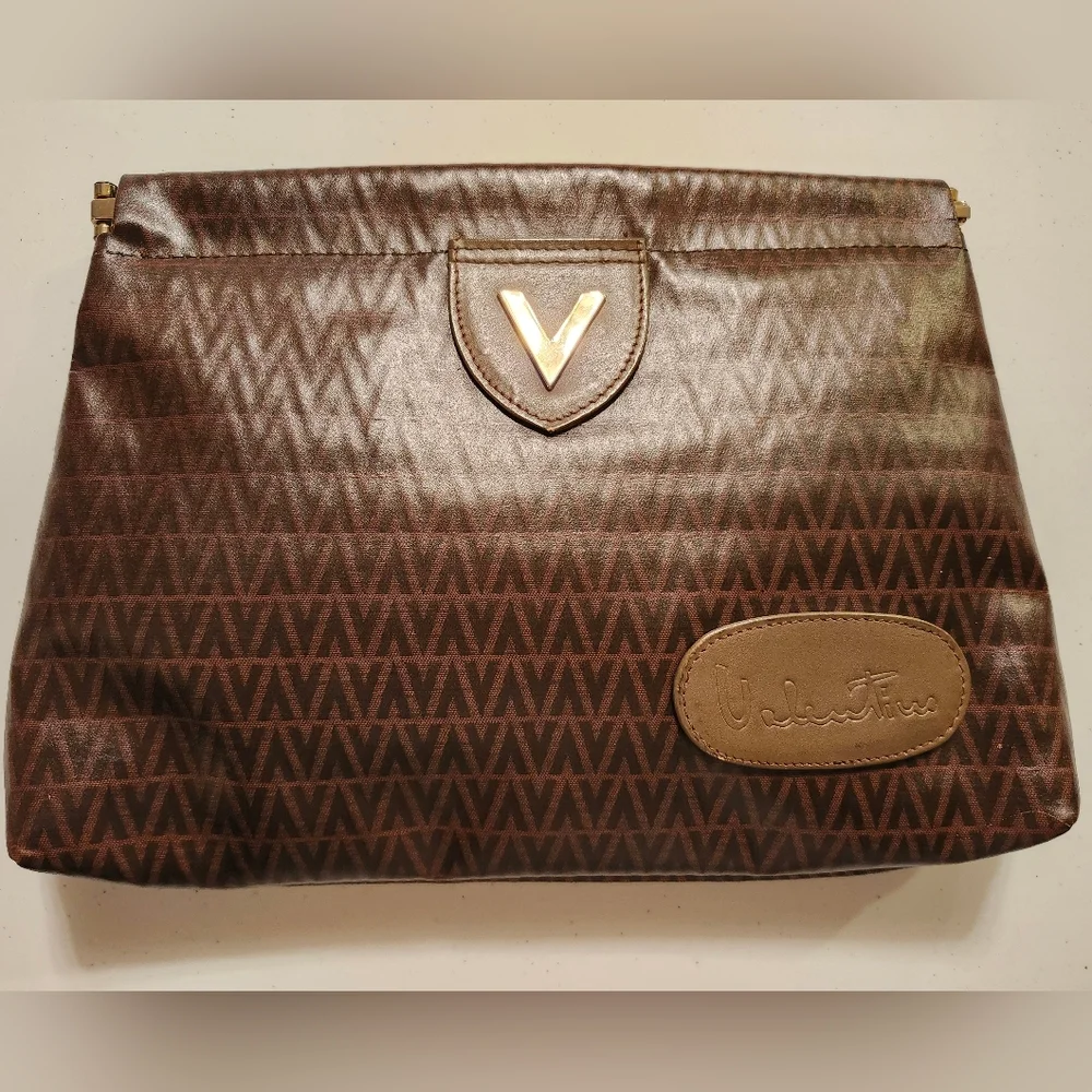 Mario Valentino Vintage Brown Clutch- Gold Logo W/Leather Accents EUC- Italy - Picture 1 of 12